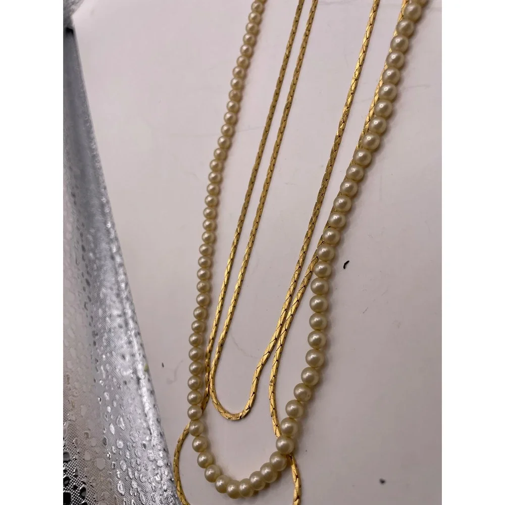 Vintage Crown Trifari© Gold Tone & Faux Pearl‎ Triple Strand Necklace 27